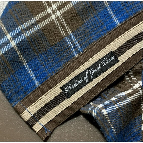 Cavi Mens Flannel Plaid Overshirt Size M Roll Tab Blue Brown Pockets Windowpane - Picture 9 of 12